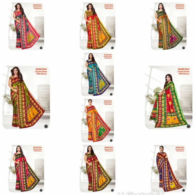 Gold Zari Checks Patola Ethnic Wear Cotton Printed Saree Collection